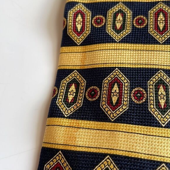 Vtg 90s Tommy Hilfiger yellow & navy blue paisley striped silk tie - Picture 3 of 6